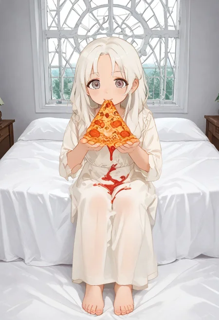 red slime girl ((eating pizza)) pizzasdx, looking at viewer (pizza melting:1.5) medieval bedroom background, masterpiece, full body sitting on bed, white bed, bed, white sheets, window, good light, perfect hands, good hands (hands on pizza) pizza