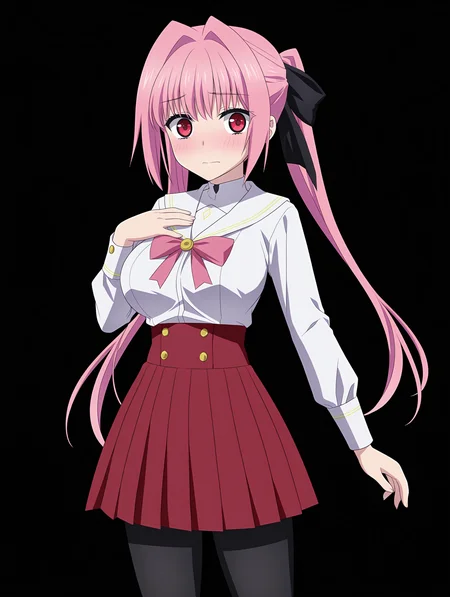 <lora:And_the_Hero_was_never_seen_again_Style_Illustrious:1> (heroneverseenagain),
1girl, solo, long hair, breasts, looking at viewer, blush, skirt, simple background, red eyes, long sleeves, bow, ribbon, twintails, very long hair, hair ribbon, pink hair, hair bow, pantyhose, pleated skirt, pink eyes, black pantyhose, red skirt, hair intakes, hand on own chest, black background