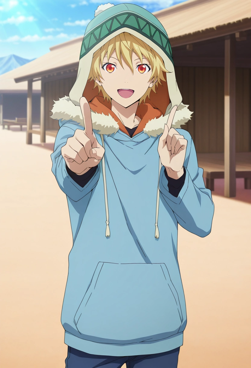 masterpiece, best quality, , anime screencap, anime coloring, official style, looking at viewer, 1boy, solo, male focus, <lora:yukine_noragami_ilxl:0.98>, yukine_noragami, blonde hair, red eyes, orange eyes, hood, fur trim, hat, cowboy shot, sahara desert, day, sunny, index finger raised, :D,