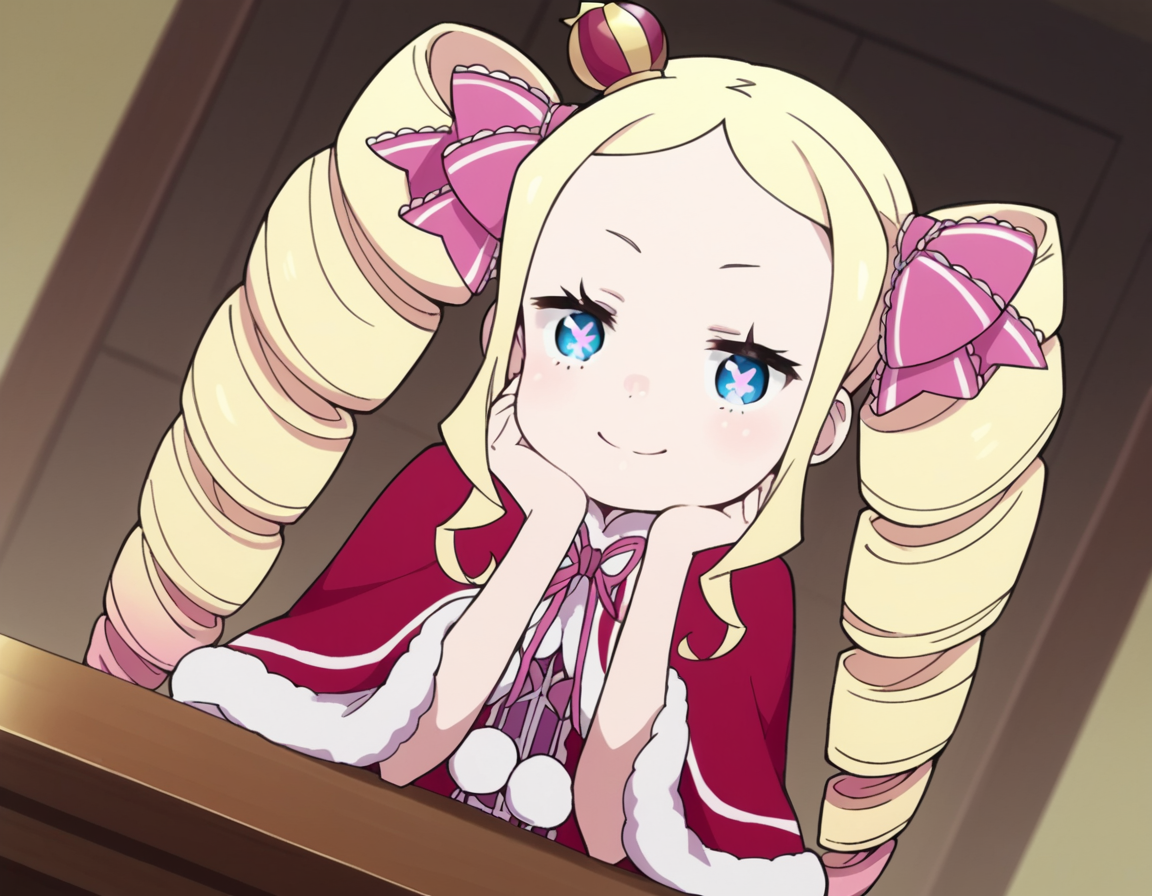 score_9, score_8_up, score_7_up, source_anime, <lora:rezero-beatrice-s3-leak-ponyxl-lora-nochekaiser:1>, beatrice, long hair, blue eyes, blonde hair, twintails, hair ribbon, sidelocks, symbol-shaped pupils, drill hair, twin drills,, dress, ribbon, fur trim, capelet, crown, mini crown, red capelet, frills, bowtie,, indoors, smile, looking at viewer, solo, sitting, head rest, table,, cowboy shot, dutch angle