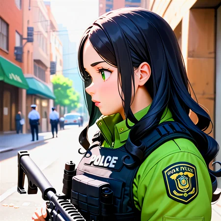 anime, best quality, (masterpiece:1.4), (high quality:1.4), sharp focus, 4k, absurd resolution, detailed hands, curly hair, long hair, (black hair:1.6), 1girl, mature female, (parted hair:1.7), (round face), (no_bangs:1.3), (no_fringe:1.6), <lora:ETO_OC_XL:0.7>, (thick eyebrows:0.9), (plump:0.8), round-chin, (greenish brown eyes), (brownish green eyes), caucasian, down-turned eyes, 1girl, (forehead:0.65), <lora:swat gear_xl:0.7> swat gear, weapon, (playing with her hair), gun, uniform, police, rifle, street, officers, soldier, military, officer,