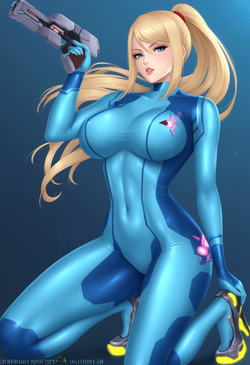 samus aran, metroid, blonde hair, ponytail, bangs to one side, strands of hair on the sides of the face, blue eyes, caucasian, body 106 - 60 - 90, 1girl, zero suit, blonde hair, bodysuit, breasts, skin tight, mole under mouth, weapon, solo, gun, ponytail, long hair, blue eyes, shiny clothes, mole, large breasts, holding, shiny, looking at viewer, holding weapon, blue bodysuit, covered navel, holding gun, lips, patreon username, bangs, parted lips, impossible bodysuit, high ponytail, high heels