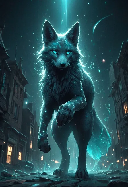 Big enormous giant flying cosmic spectral turquoise fox, transparent, see trough, flying like an comet in the sky, light rays, mystical, glowing eyes, flying high above city, emiting light