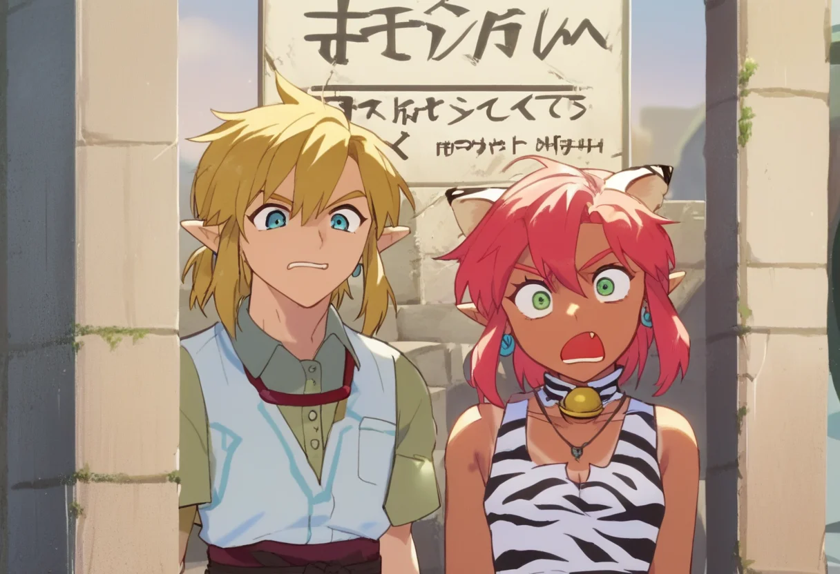 score_9, score_8_up, score_7_up, score_6_up, Masterpiece, source_anime screenshot, duo, 1 girl, 1 boy, vivid colors, full color, shiny and glossy, anime style, high-res, beautiful aesthetic, very intricate, high-quality details, vibrant, highly detailed, award-winning, professional, <lora:pink-ponyxl-v2:1>, 1 girl, single fang showing, sleeveless dress, white tiger print dress, pelvic curtain, cleavage, white cat ears, cat bell necklace, bright pink hair, tanned, white tiger tail, red sash, small breasts, leather shoes, detailed eyes, green eyes, detailed face, break, <lora:link:1> 1boy, link1, link, pointy ears, blonde hair, blue eyes, medium hair, side locks, earrings, short ponytail, blue hylian tunic, break, pink and link shouting, pink and link holding signs high above their heads, front view,