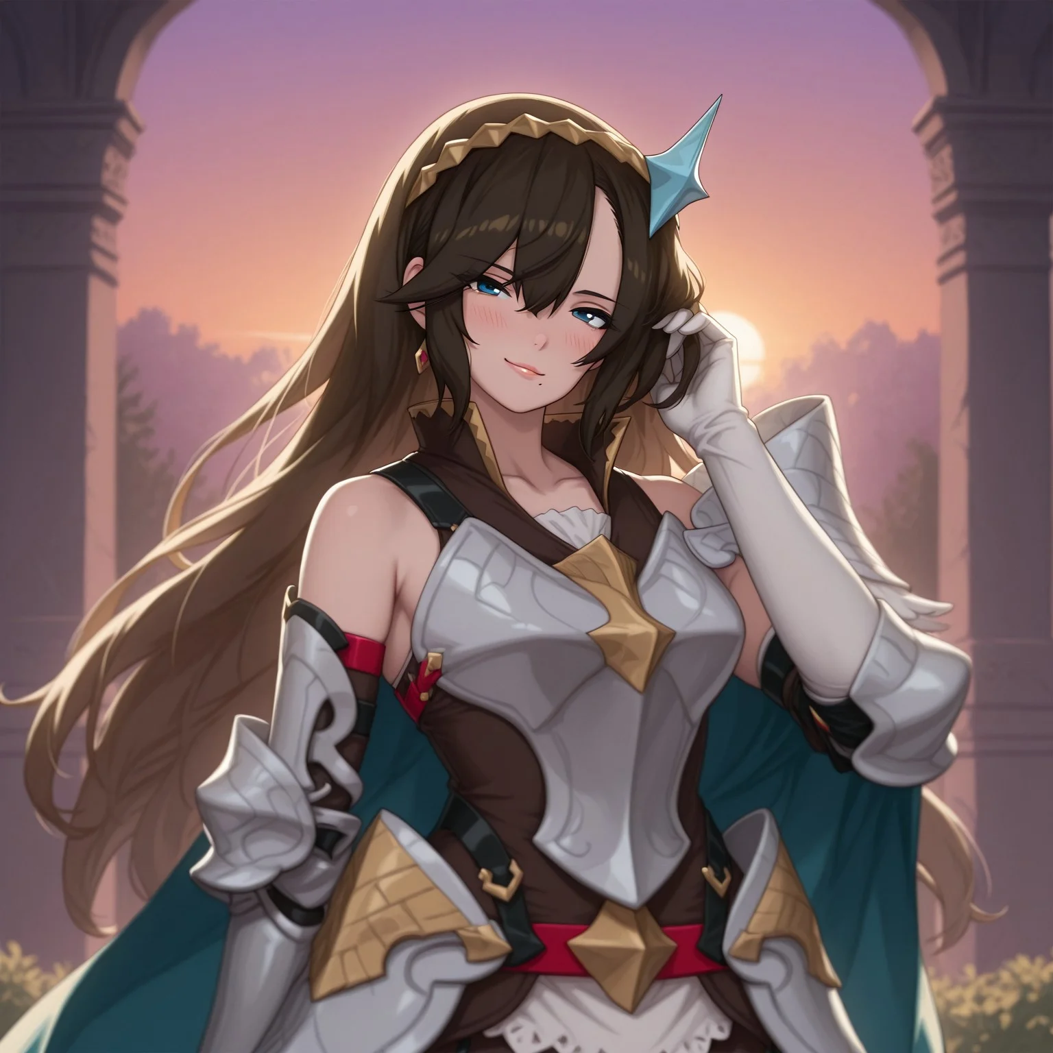 1girl, solo, realistic, (blush, head tilt, sexy, looking at viewer, hand on hair, light smile, seductive smile, sexy), standing, looking at viewer, upper body, BREAK, 1girl, solo, Cecile, blue eyes, mole under mouth, ((Knightcecile:1)), brown hair, long hair, hair ornament, armor, steel and golden armor, shoulder armor, ((single pauldron, feathered pauldron, 1bare shoulder)), blue cape, breastplate, ((white elbow gloves)), brown skirt, white skirt, thighhighs, armored boots, looking at viewer, head tilt, seductive look, aroused, horny, standing, hand in hair, looking at viewer, lips parted, blushing, mischievous smile
BREAK
BREAK, Masatsugu Saito, Garden, sunset, orange sky, purple sky,