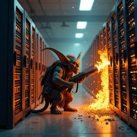 A goblin torching a server rack with a flamethrower in a data center, lots of burning servers, (Floating text overhead reads "Maintenance Mode"):3
