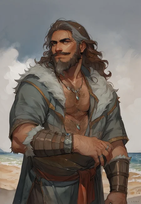 safe_pos, safe_pos, score_9, score_8_up, 1boy, solo, IfanBM, mature male, tan skin, facial hair, grey beard streaks, muscular, aging, DILF, ((beard)), facial hair, moustache:.5, ((brown hair, grey streaks)), ((grey streaks)), (long hair, wavy hair), ((fantasy style clothing, fur-trim)), druid, magic, (beach paradise), watercolor \(medium\), traditional media, hairy chest, very hairy, dutch angle, Expressiveh, smirk, sexy posing, ((fantasy clothing)), jewelry, rings, manly, necklace, bracelet, dynamic pose,