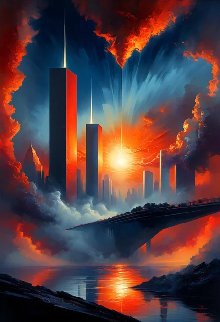 Abstract illustration, surreal fractured landscape, twilight sky with deep indigo to fiery orange gradient, towering geometric shapes resembling shattered glass and steel beams, inner light glowing within structures, dark polished surface reflecting light, ethereal swirling fog in muted purples and blues, vibrant golds and reds in the distance, bursts of light and shadow creating dynamic contrast, white beam of light piercing the sky symbolizing memory and hope, abstract expressionism and digital futurism hybrid, bold colors with intense reds, blacks, golds, and silver, light casting long stretched shadows, broad sweeping brushstroke textures enhanced with digital precision, mist swirling at the base of the scene, radiant sky evoking reflection and honor, powerful and dramatic atmosphere, emotional tribute to 9/11 without banality or figures.