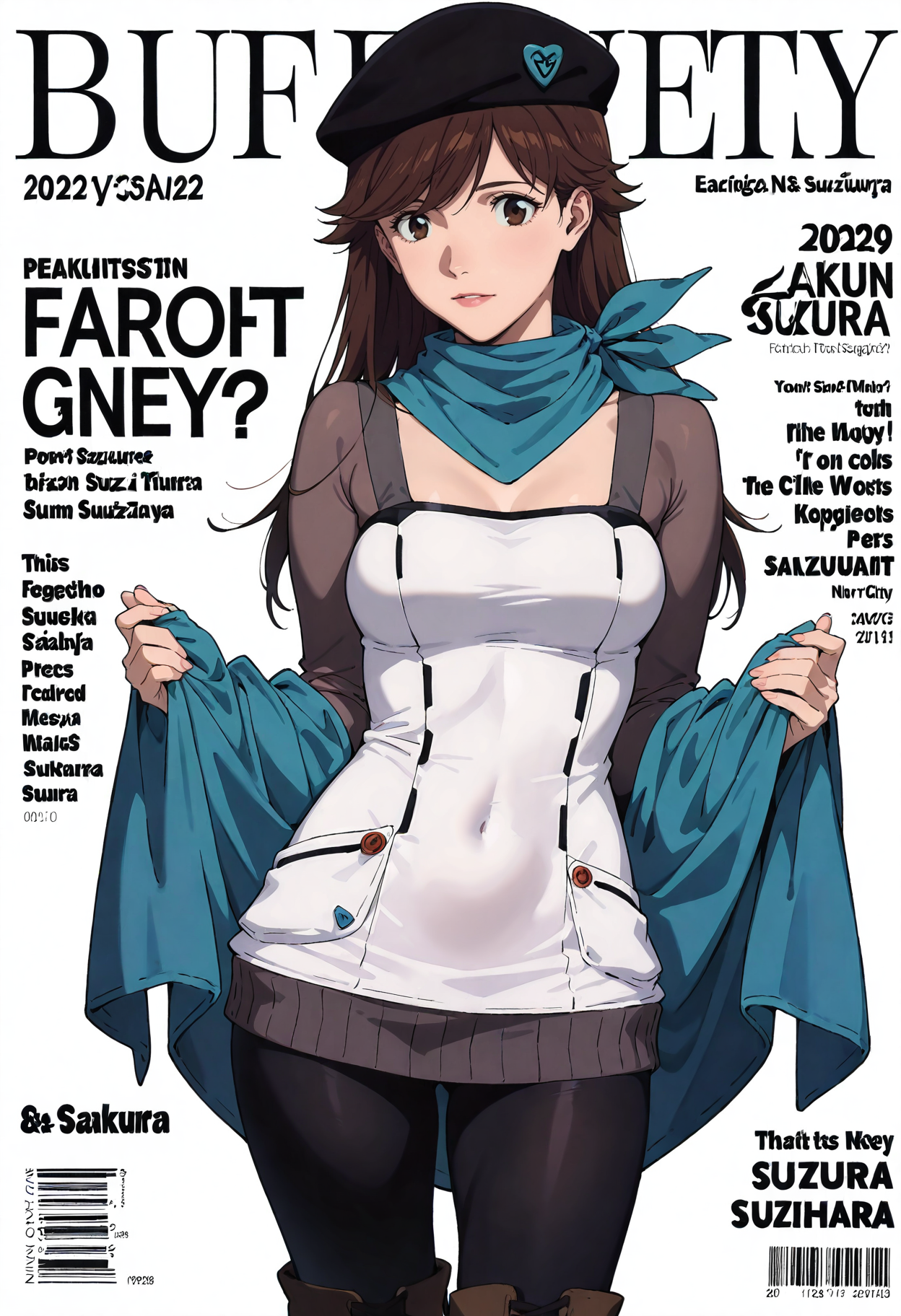 <lora:add-detail-xl:1>,masterpiece,best quality,absurdres,highres,detailed eyes,beautiful,detailed background,perfect eyes,realistic,<lora:magazine-cover-illustriousxl-lora-nochekaiser:1>,magazine cover,fake magazine cover,english text,cover,fake cover,price,cover page,text focus,barcode,dated,cowboy shot,sexy pose,
<lora:Sakura_Suzuhara:1>,Sakura_Suzuhara,1girl,solo,hat,brown hair,long hair,leggings,beret,scarf,brown eyes,boots,blue scarf,