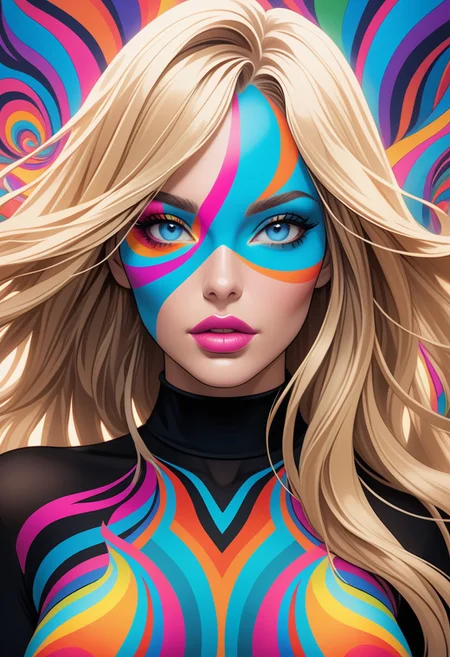 ((view from the waist up)) 1woman, solo, long hair, blonde hair, black choker, blue eyes, one eye covered by hair, eyeliner, gorgeous lips, tights, medium breasts. ((psychedelic))