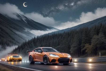 cars racing at night in mountains roadway scenario, near mist, cloudy starry night, Tangerine moon <lora:add_detail:1> <lora:offset_0.2:1> <lora:DaVinciTech:0.4> <lora:KawaiiTech:0.6>