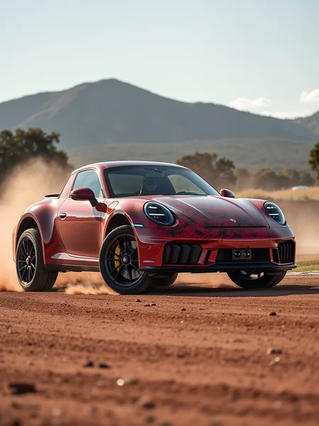 porsche 911 pickup truck, high stance, bigger wheels, (pickup), red camo color, racing on a dirt track