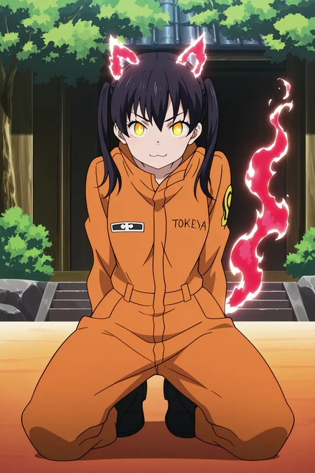 anime screencap, anime coloring, detailed face, masterpiece, best quality, very aesthetic, absurdres, official style, amazing quality, ultra detailed, highres, amazing quality, scenery, beautiful detailed hair, beautiful detailed eyes,
<lora:StS-Illustrious-Detail-Slider-v1.0:4>
<lora:Tamaki_Kotatsu_Fire_Force_-_Illustrious_V2:1>
Nekomata Form, Tamaki orange jumpsuit outfit, Tamaki Kotatsu (character), 1girl, solo, boots, black hair, twintails, black footwear, orange jumpsuit, orange pants, looking at viewer, kneeling, yellow eyes, closed mouth, jumpsuit, full body, long hair, :3, flaming cat ears