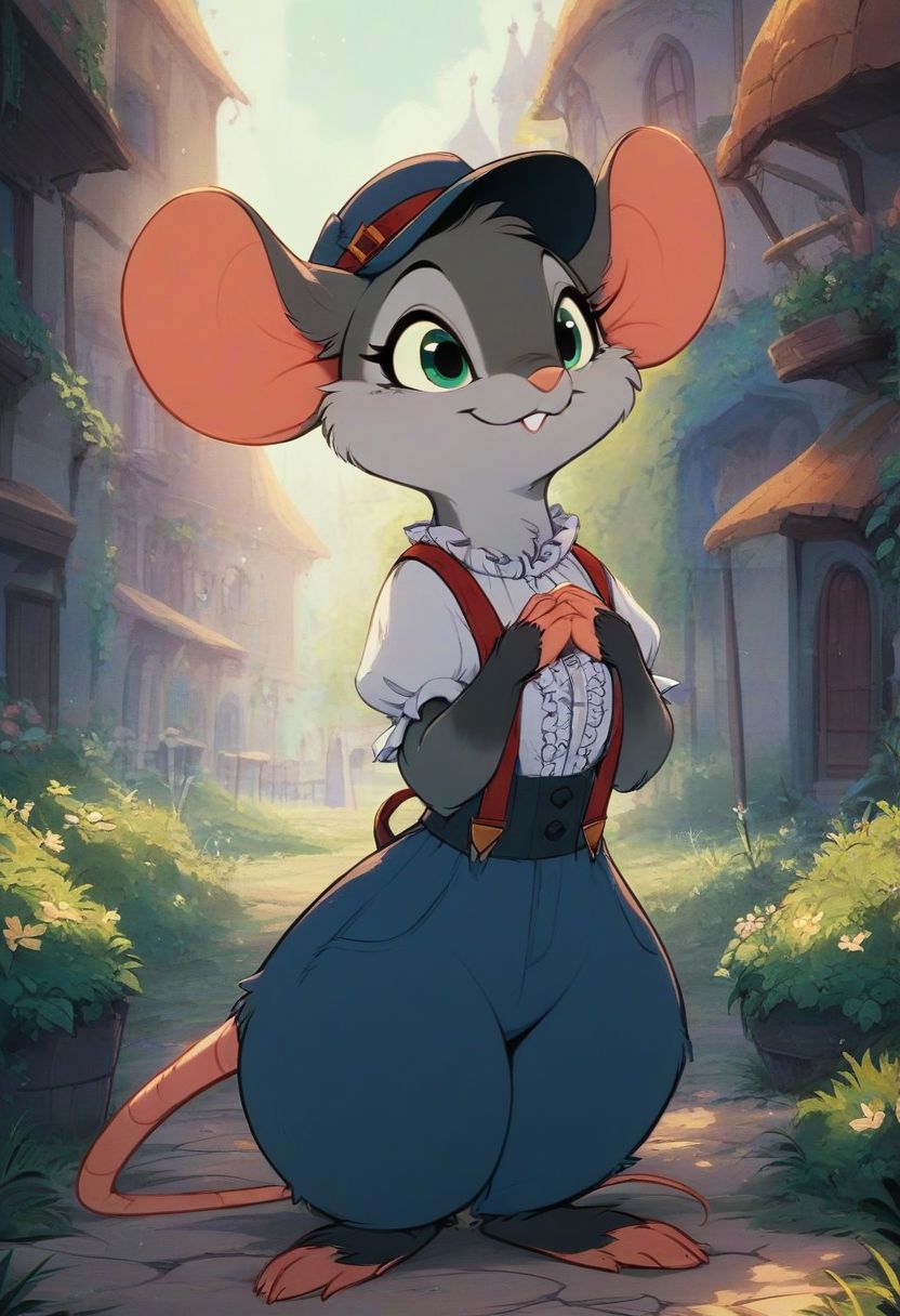 score_9, score_8_up, score_8, solo, (fluffy:0.8), (feral), furry, (((mouse))), female, claws, (fluffy cheeks:0.7), (frilly shirt, blue pants, suspenders, hat), (solo:2), j_cartoon, (cute:0.8), greenish eyes, grey fur, village, hands together