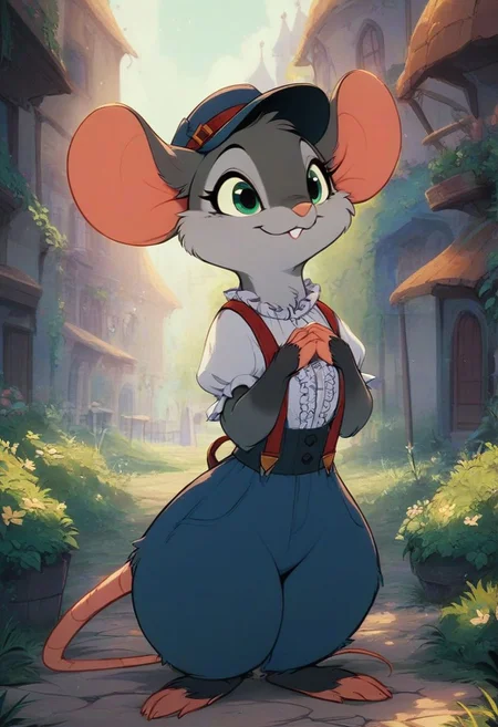 score_9, score_8_up, score_8, solo, (fluffy:0.8), (feral), furry, (((mouse))), female, claws, (fluffy cheeks:0.7), (frilly shirt, blue pants, suspenders, hat), (solo:2), j_cartoon, (cute:0.8), greenish eyes, grey fur, village, hands together