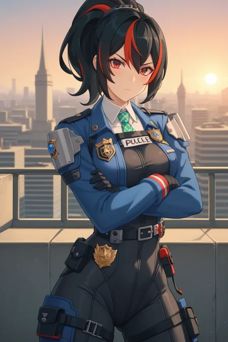 score_9, score_8_up, score_7_up, source_anime, 1girl, prefect lighting, very aesthetic, intricate details, highly detailed background, masterpiece, high quality, prefect hands, best quality, solo,
<lora:Zhu_Yuan_ZZZ_V1:.85>, KJOzhu, high ponytail, streaked hair, dark hair, red eyes, streaked hair, thick thighs,
full bodysuit, blue open jacket, long sleeves, police badge,
crossed arms, serious, head tilt, blush, looking at viewer,
rooftop, sunset,
(Beautiful, medium Breasts:1.2), natural breasts,