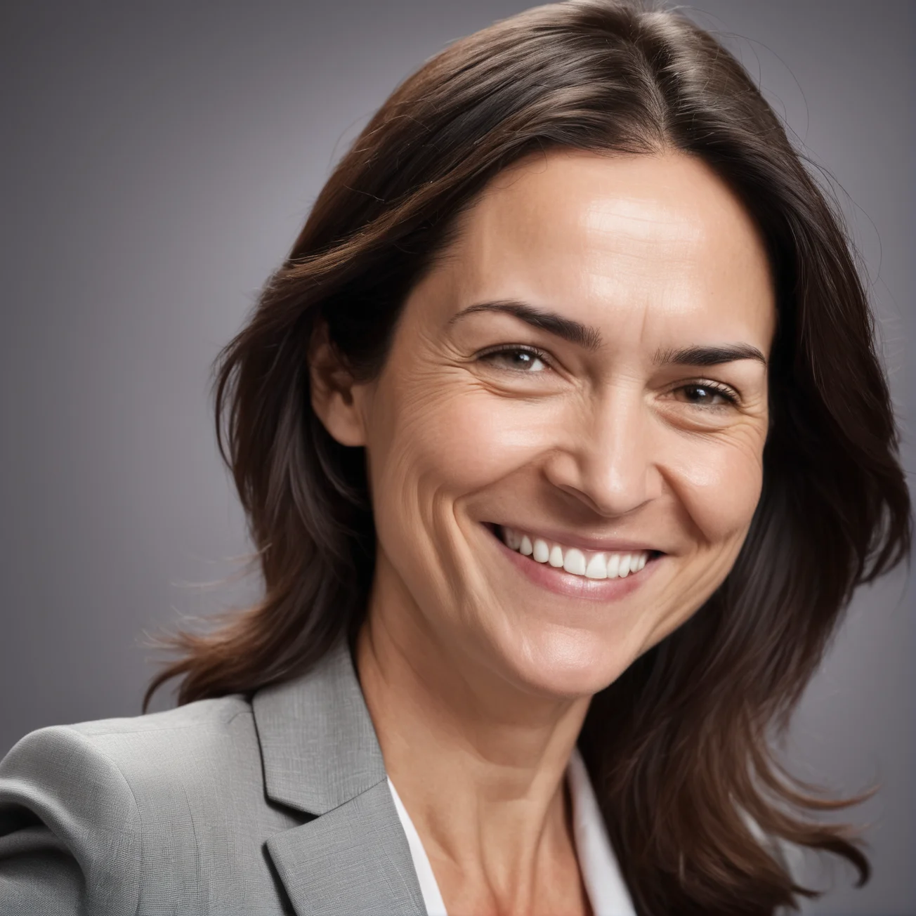 professional studio portrait, woman 30-year-old, 30yo, grey background, business suit, smile. Highly detailed skin, blemishes, pores.
cynthiasynthe, perfect eyes, detailed skin
