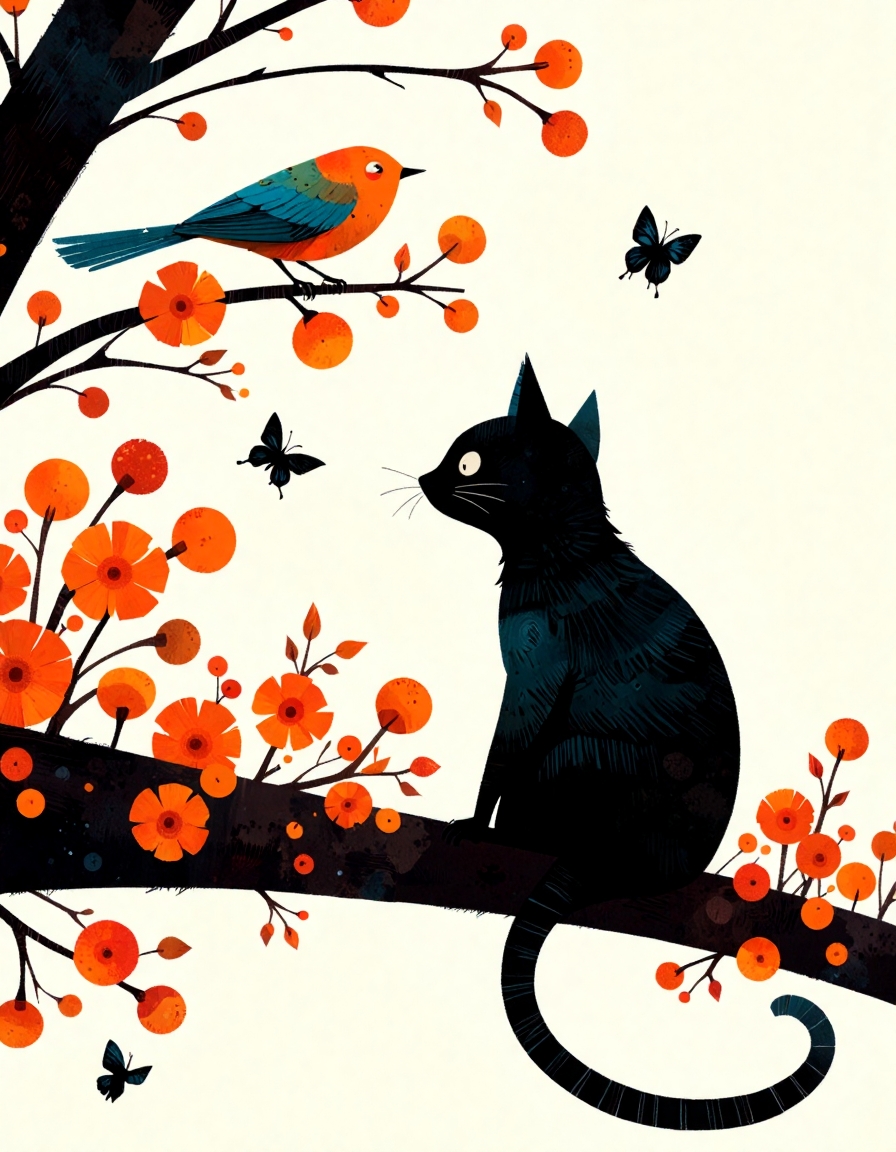 ppstorybook,The image is a digital illustration of a black cat sitting on a branch with orange flowers. The cat is facing towards the left side of the image and is looking up towards a blue bird that is perched on the branch. The bird has a bright orange body and a blue head and wings. The branch is covered in orange flowers and there are a few black butterflies fluttering around it. The background is white and the overall color scheme is predominantly black and orange. The overall style of the illustration is abstract and whimsical.