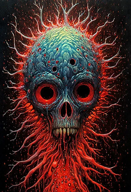 Handheld shot of a ((Virus)) monster (inside bloodstream) in style of [Dean Ellis: Steven DaLuz: 0.3],digital artwork by Beksinski, trypophobia:1.5, glitch, psychedelic:1.9, Psilocybin, trypophobia:1.3, hyper-detailed:1.1, ((best quality)), linquivera, masterpiece, detailed cells, (deep neurons):1.5, blacklight, scar, binary code and digital art, binary code, digital art, ral-dissolve:1.3, liiv, ((background blends with the subject nicely)), EdobHorrorLandscape
