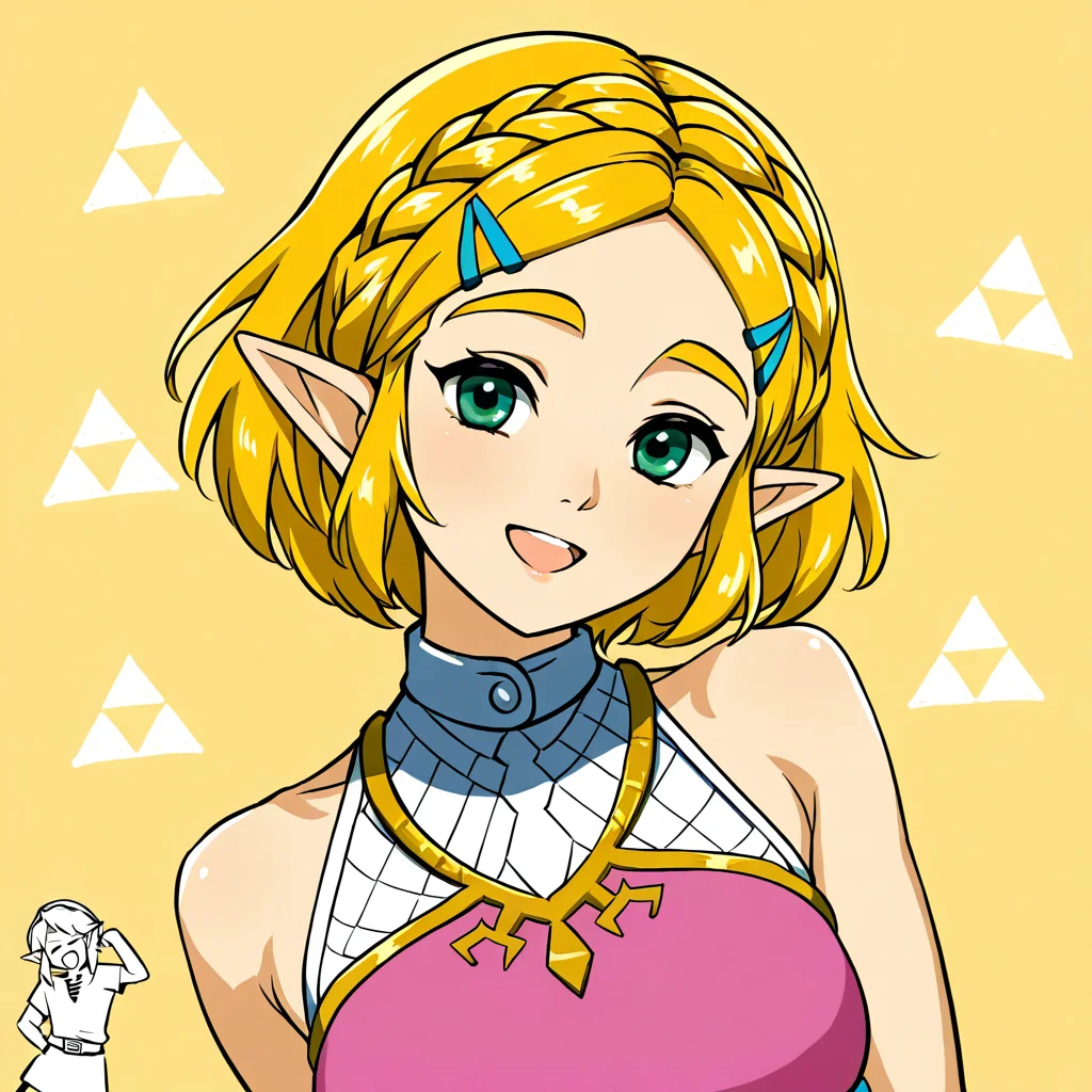 best quality, masterpiece, 1girl, 1boy, shoulder tilt, fukkireta, size difference, head tilt, dancing, looking at viewer, open mouth, :D, link, princess zelda, triforce symbol, yellow background, <lora:fukkireta_dance_meme_concept1:1>,