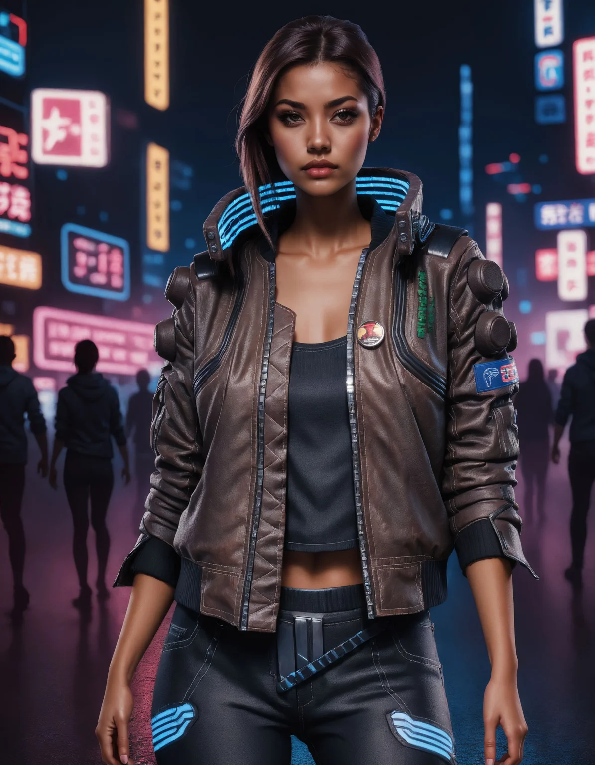 concept art a gorgeous fashion model, woman, wearing a brown cyberpunk Samurai jacket, looking at viewer, black jeans, black crop top, standing in a busy city street, sleeves up, night, night sky, large cityscape, neon signs, highly detailed, professional, 4k, <lora:CyberpunkSamuraiJacketSDXL:0.75> . digital artwork, illustrative, painterly, matte painting, highly detailed