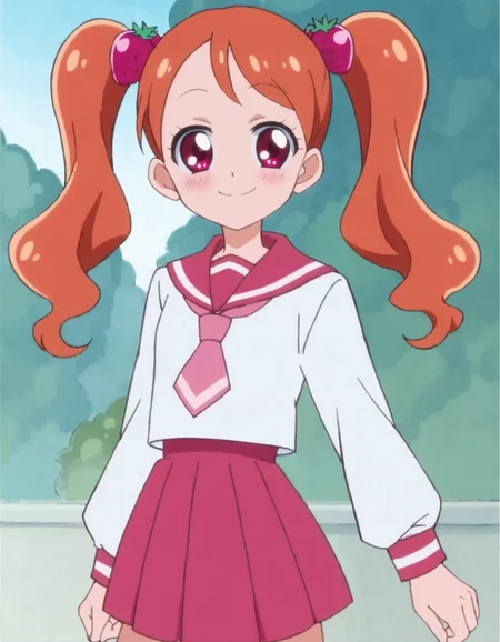 score_9, score_8_up, score_7_up, anime screencap, solo,1girl,usamiichika, school uniform, pink necktie, smile, pleated skirt, pink skirt, slooking at viewer, serafuku, long sleeves, shirt, strawberry hair ornament, looking at viewer,cowboy shot,small breasts,blush<lora:usamiichika:0.8>