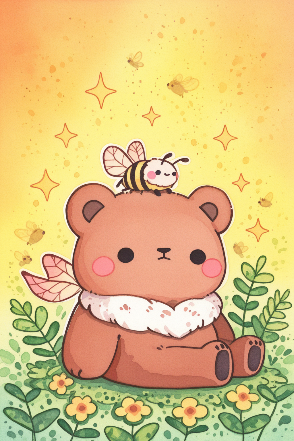 sitting, black eyes, sparkle, no humans, animal, leaf, blush stickers, plant, bug, butterfly, fish, animal focus, painting (medium), watercolor (medium), solid circle eyes, bear, moth, bee, closed mouth, flower, <lora:elebstyle:1>  elebstyle, pastel colors, illustration