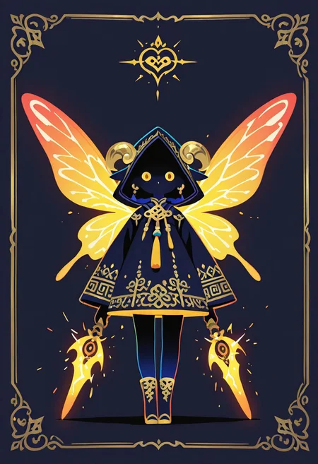 masterpiece, best quality, simple illustration, cute, <lora:add-detail-sl:1>, A medium-close-up view of a personified pear wearing uniquely colored high fashion clothing, dress with a hood, wielding a thin glowing weapon in unique colors. The pear has a cute face with unique expressions and uniquely colored and shaped, translucent fairy wings. Sparks and ash fly around the dimly lit background. haiz_ai, no lineart,no outline, vivid colors,