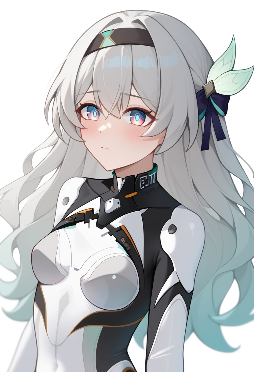 score_9,score_8_up,score_7_up,<lora:firefly_V3_pony:1>,firefly_\(ar-26710\)_\(honkai:_star_rail\), black_bow, small_breasts, white_bodysuit, 1girl, absurdres, firefly_\(honkai:_star_rail\), hair_bow, highres, blush, black_hairband, pilot_suit, upper_body, bug, solo, official_alternate_costume, white_background