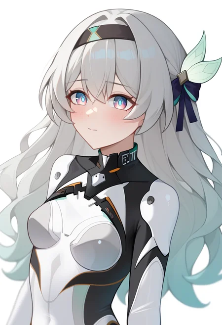 score_9,score_8_up,score_7_up,<lora:firefly_V3_pony:1>,firefly_\(ar-26710\)_\(honkai:_star_rail\), black_bow, small_breasts, white_bodysuit, 1girl, absurdres, firefly_\(honkai:_star_rail\), hair_bow, highres, blush, black_hairband, pilot_suit, upper_body, bug, solo, official_alternate_costume, white_background