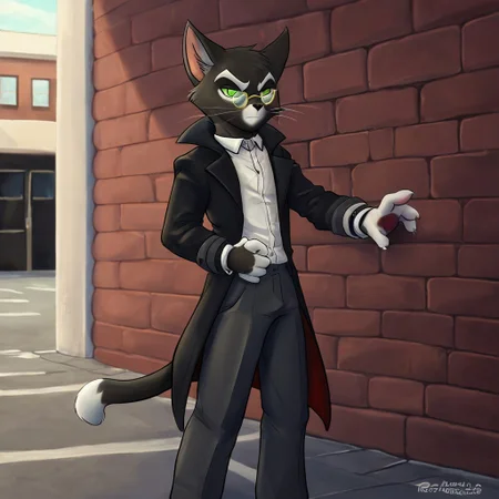 Mordecai[lackadaisy], mordecai heller[lackadaisy], tuxido cat, feline, black body, black fur, green eyes, white eyebrows, gold glasses, glasses, black fur, black body, white markings, gold pierce-nez, pierce-nez, (white markings:1.5). (male anthro cat:1.3).
Solo, alone, by himself, 1boy, male.
clothing, clothed, dressed, white shirt, shirt, white shirt, mid waisted slacks, grey mid waisted slacks, mid waisted dress pants, grey mid waisted dress pants, black coat, long black coat, 1920s coat, 1920s black coat.
thin, skinny body, skinny, thin body, twink, twink body, twunk body, skinny, (muscle:1.47), (skinny body:1.5), (black body:1.1).
HD, digital painting, digital art, masterpiece.
standing up, standing,  standing on tiled floor.
closed mouth, annoyed emotion.
outside, town, 1920s, wall, {outside:1.4}.
HD, digital painting, digital art, masterpiece ((fullbody portrait)), digital drawing (artwork), digital media (artwork), hi res, (furry art, uploaded on e621:1.1), best quality, highly detailed, intricate details, extremely detailed, perfect hands, negative_hand, The_Secret_Cave[STYLE], TSC[Style], TheSecretCave[STYLE], furry, furryart, detailed, very detailed.