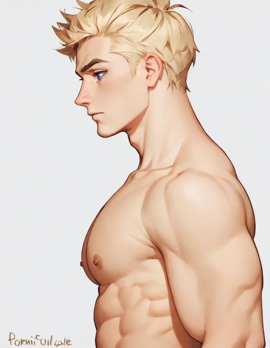 illMaleupBody, solo, short hair, blue eyes, blonde hair, simple background, white background, closed mouth, nipples, upper body, male focus, nude, artist name, from side, muscular, abs, pectorals, muscular male, bara, large pectorals, 1boy
<lora:ILLå¡é2Dç·å­ä¸èº«illMaleupBody:0.8>,