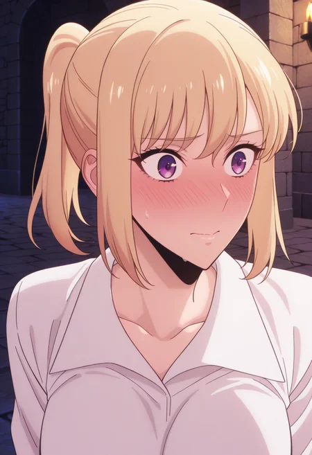 newest, masterpiece, best quality, 4k,
outdoors, dungeon,very aesthetic, detailed background, face focus,
1girl, solo, <lora:ChaHaeInV1:1> cha_hae-1n, blonde hair, short hair, purple eyes, breasts, white shirt, collared shirt, ponytail, sidelocks, embarrassed, full face blush,