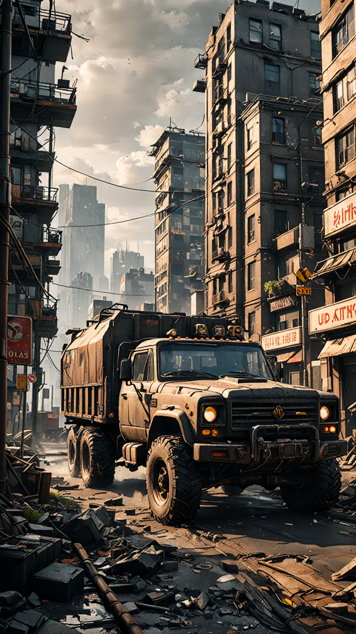 extremely detailed, there is a truck that is driving through a city with buildings, digital concept art of dystopian, post - apocalyptic city, dystopian scifi apocalypse, photorealistic dark concept art, post apocalyptic city, post apocalyptic scene, apocalyptic city, highly realistic concept art, post apocalyptic atmosphere, post apocalyptic tokyo, post apocalyptic wasteland, post - apocalyptic wasteland, post - apocalyptic city streets, unreal engine 5, perfect composition, vibrant, rtx, hbao, sharp, UHD