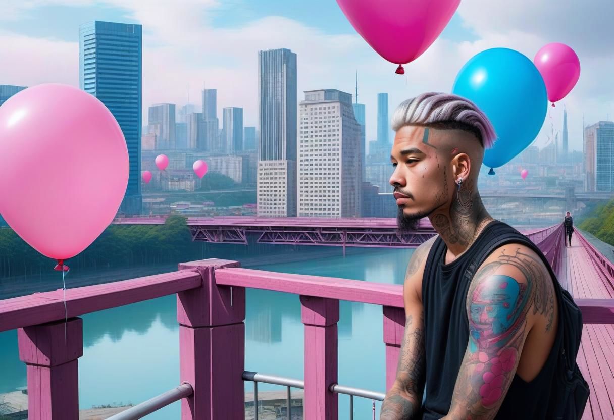 anime, a man with tattoos on his face rested on the railing of a bridge, city day, holiday, pink and blue balloons, a bridge with wooden columns and arches, a wooden floor ,(((light silver hair))), 
a couple of large buildings, pink background, day, tall buildings, cyberpunk, cyberpunk art, retrofuturism<lora:Cyberpunk _Anime_sdxl:1.0>, vfx environment, ambient occlusion, highlights, corect eyes, black jacket with bedding,(((high - rise buildings)))