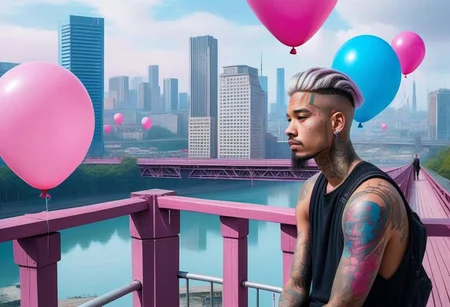 anime, a man with tattoos on his face rested on the railing of a bridge, city day, holiday, pink and blue balloons, a bridge with wooden columns and arches, a wooden floor ,(((light silver hair))), 
a couple of large buildings, pink background, day, tall buildings, cyberpunk, cyberpunk art, retrofuturism<lora:Cyberpunk _Anime_sdxl:1.0>, vfx environment, ambient occlusion, highlights, corect eyes, black jacket with bedding,(((high - rise buildings)))