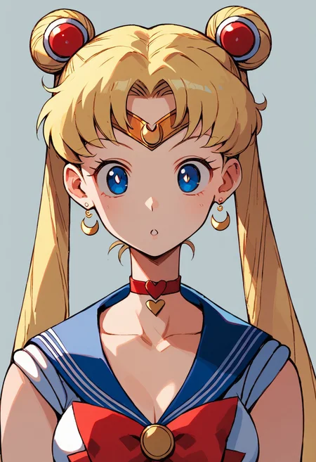 score_9, score_8_up, score_7_up, 1girl, solo, long hair, breasts, looking at viewer, bangs, blue eyes, blonde hair, hair ornament, twintails, jewelry, collarbone, upper body, heart, earrings, parted lips, choker, sailor collar, hair bun, red bow, parted bangs, double bun, blue sailor collar, crescent, hair over shoulder, meme, circlet, red choker, sailor senshi uniform, heart choker, crescent earrings, diadem, sailor moon redraw challenge \(meme\), tsukino usagi, sailor moon
