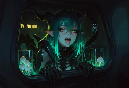 masterpiece, best quality, hyper-realistic, ultra-HD, luminous lighting, cinematic ambiance, shimmering gradients, ethereal glow, deep contrast, rich color tones, seductive atmosphere, captivating sensuality, Cinematic Lighting, 
BREAK 
raytracing, volumetric lighting, ambient occlusion, Background, xenomorph
BREAK
ryu, teal scales, eastern dragon horns, pointy ears, green eyes, long eyelashes, makeup, solo,
glass, see-through, skulls, portraits,
BREAK
A chilling scene unfolds in a dimly-lit industrial corridor, where the iconic xenomorph from the Alien franchise has cunningly concealed itself within an air duct. Its elongated, biomechanical form is contorted yet eerily poised, occupying the seemingly innocuous air vent. The slick, black exoskeleton, adorned with menacing ridges and a tail curled beneath it, blends seamlessly with the duct's shadowy interior. Only its distinctive dome-like head, partially open mouth revealing a set of inner jaws, pierces the veil of darkness. Glistening drool and the movement of its secondary jaws suggest a high state of alertness, ready to strike.
The xenomorph’s piercing yellow eyes reflect the flickering emergency lights of the corridor, hinting at its imminent intent. The vent's mesh serves as a sinister cage, unable to contain the creature's malevolent presence that emanates from every rivet and crevice. Tension swells as viewers anticipate the creature's imminent pounce, ready to unfurl from its hiding place. Surrounded by Alien eggs.