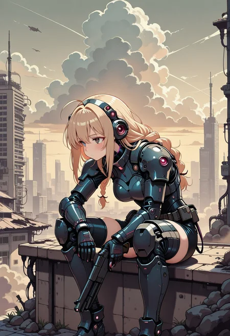 masterpiece, UHD, 8K, high res, high detailed, best quality, amazing quality,
1girl, cute face, short, long hair, one braid, heavy cyber armor wear, black and white armor, damage armor, shotgun in hands, rest pose, sitting, on roof of buiding, destroyed futuristic city on background, low clouds, grey clouds,
amazing background,
sepia,