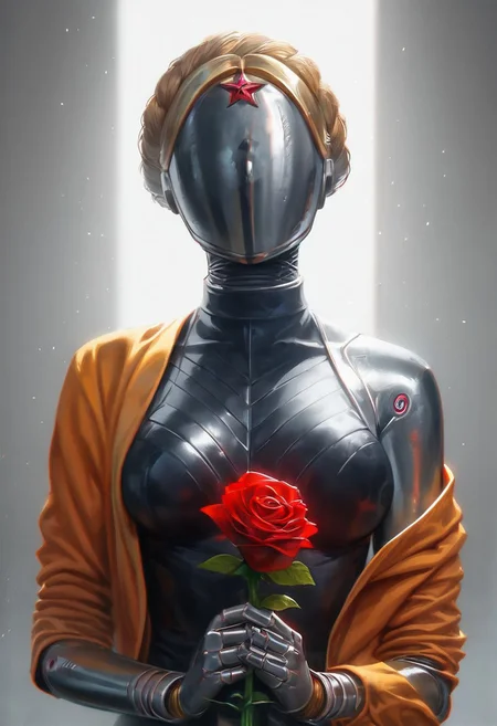 Score_9, score_8_up, score_7_up, realisic art style, macro view, photorealism, 1girl, close-up, wide angle, skin detail, side view, dynamic lighting, dramatic lighting,
TheTwinsSDXL, medium breasts, black metallic skin, helmet, yellow jacket, slim, blonde, (faceless:1.0), robot, (holding black metallic rose), (holding rose)