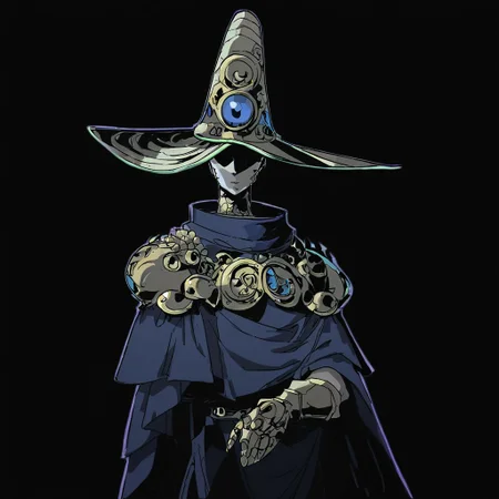 score_9, score_8_up, score_7_up, knight, wearing armor, genderless, wide-brimmed hat, cloak, intricate patterns, gloves, enigmatic presence, dark background, illustrated, comic style, high contrast, vibrant colors, black background