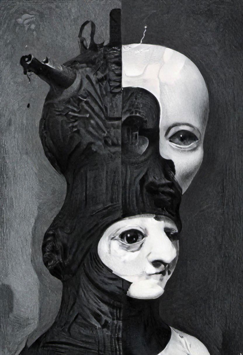 Monochrome black and white, Giger, Beksinski, Zawadzky, Dali, Magritte, Delvaux, Bellmer, Malevitch, Rodchenko, Mondrian, Kandinsky, Popovna, psychedelic hallucination, pop surrealism, rough crosshatch drawing pop art Lunatic_Portrait of a young woman in latex Avant-garde Fashion page, slick back, low bun, black makeup, sinister expression, intense glare, avant-garde, abstract, weird, geometric, constructivism, suprematism, rayonism, verticism, lineism, tj, Avant-garde Fashion page, Lunatic_Portrait, pop surrealism, pop art, drawing, painting, tj, JimmyAlonzo, Surreal psychedelic bizarre, pencil, drawing,  by Brian Selznick, JuggernautNegative, jorg karg