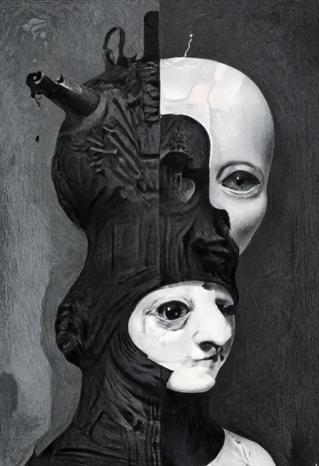 Monochrome black and white, Giger, Beksinski, Zawadzky, Dali, Magritte, Delvaux, Bellmer, Malevitch, Rodchenko, Mondrian, Kandinsky, Popovna, psychedelic hallucination, pop surrealism, rough crosshatch drawing pop art Lunatic_Portrait of a young woman in latex Avant-garde Fashion page, slick back, low bun, black makeup, sinister expression, intense glare, avant-garde, abstract, weird, geometric, constructivism, suprematism, rayonism, verticism, lineism, tj, Avant-garde Fashion page, Lunatic_Portrait, pop surrealism, pop art, drawing, painting, tj, JimmyAlonzo, Surreal psychedelic bizarre, pencil, drawing, by Brian Selznick, JuggernautNegative, jorg karg