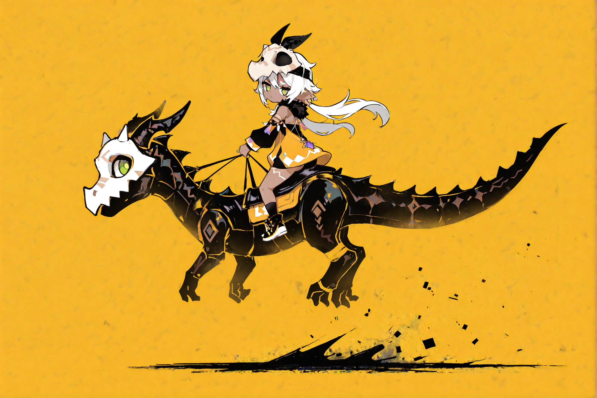masterpiece,best quality,good quality,very awa,very aesthetic,absurdres,newest,solo,jitome,big eyes,looking at viewer,simple background,1girl,baby dragon,riding,1girl riding baby dragon,full body,monochrome,looking back,yellow background,female focus,yellow theme,Background Segmentation,Dutch Angle,<lora:ponyv6_noobV1_2_adamW-000017:0.8>,<lora:USNR_STYLE_XL_lokr:0.45>,<lora:mengxuanliart:0.65>,
<lora:Iansan-ill-Tanger-000014:0.8>,Digital Deconstruction,Glitch Art,
Iansan \(genshin impact\),clothes: Iansan def  balck and yellow clothes,skull mask on head,single thighhigh,1girl,green eyes,pointy ears,dark skin,long sleeves,white hair,
