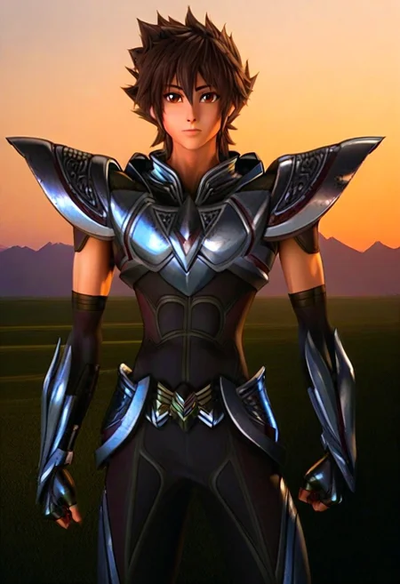 ((masterpiece)), ((best quality)), ((ultra-detailed)), ((absurdres)), score_9_up, score_8_up, score_7_up,
HD, top quality, best quality, amazing quality, High-quality illustrations, anime screencap, source_anime, best aesthetic, perfect proportions, perfect eyes, 1boy, 1male, solo boy, solo male, male focus, solo male focus, Anime, boy, male anime character, anime boy, handsome, cute, charming, sexy, good-looking, Pegasus Tenma, brown hair, brown eyes, headpiece, red sleeveless bodysuit, Saint Seiya armor, silver armor, ((afternoon, sunset, valley, mountains)), easynegative, updn, Expressiveh, masterpiece, best quality, very aesthetic, absurdres