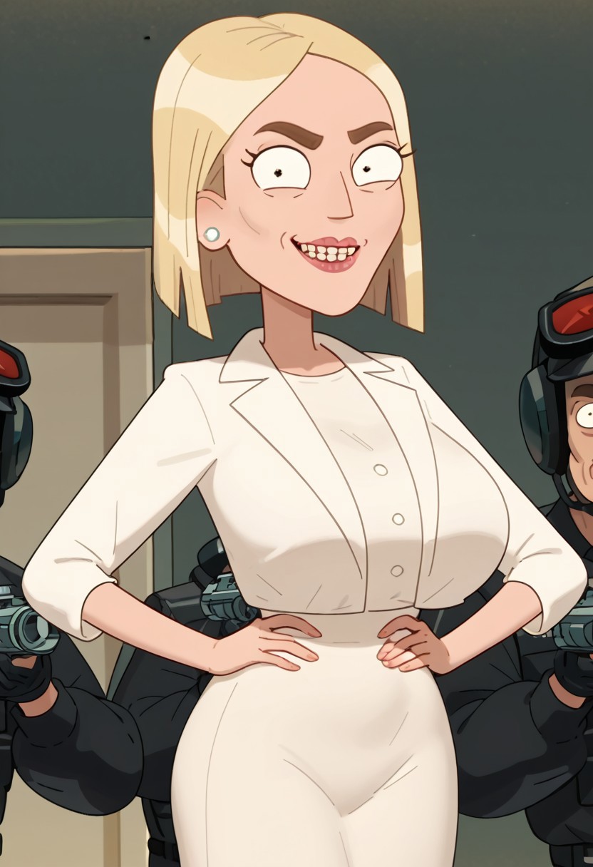 score_9, score_8_up, score_7_up,sole female,perfect face,perfect eyes,,show accurate,Jennith Padrow-Chunt,blonde hair,bob cut,cheekbone,pearl earrings,smile,looking at viewer,hands on hips
huge ass,huge breasts,full open eyes