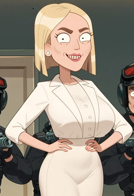 score_9, score_8_up, score_7_up,sole female,perfect face,perfect eyes,,show accurate,Jennith Padrow-Chunt,blonde hair,bob cut,cheekbone,pearl earrings,smile,looking at viewer,hands on hips
huge ass,huge breasts,full open eyes
