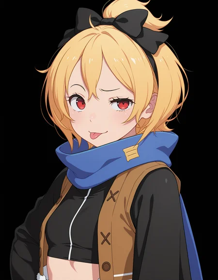 <lora:Felt:1>1girl, solo,
f3lt, blonde hair, black hair bow, short hair, red eyes,
cropped jacket, loose sleeves, brown vest, open vest, blue scarf
portrait, raised eyebrow, :p,
simple black background,, masterpiece, best quality, amazing quality