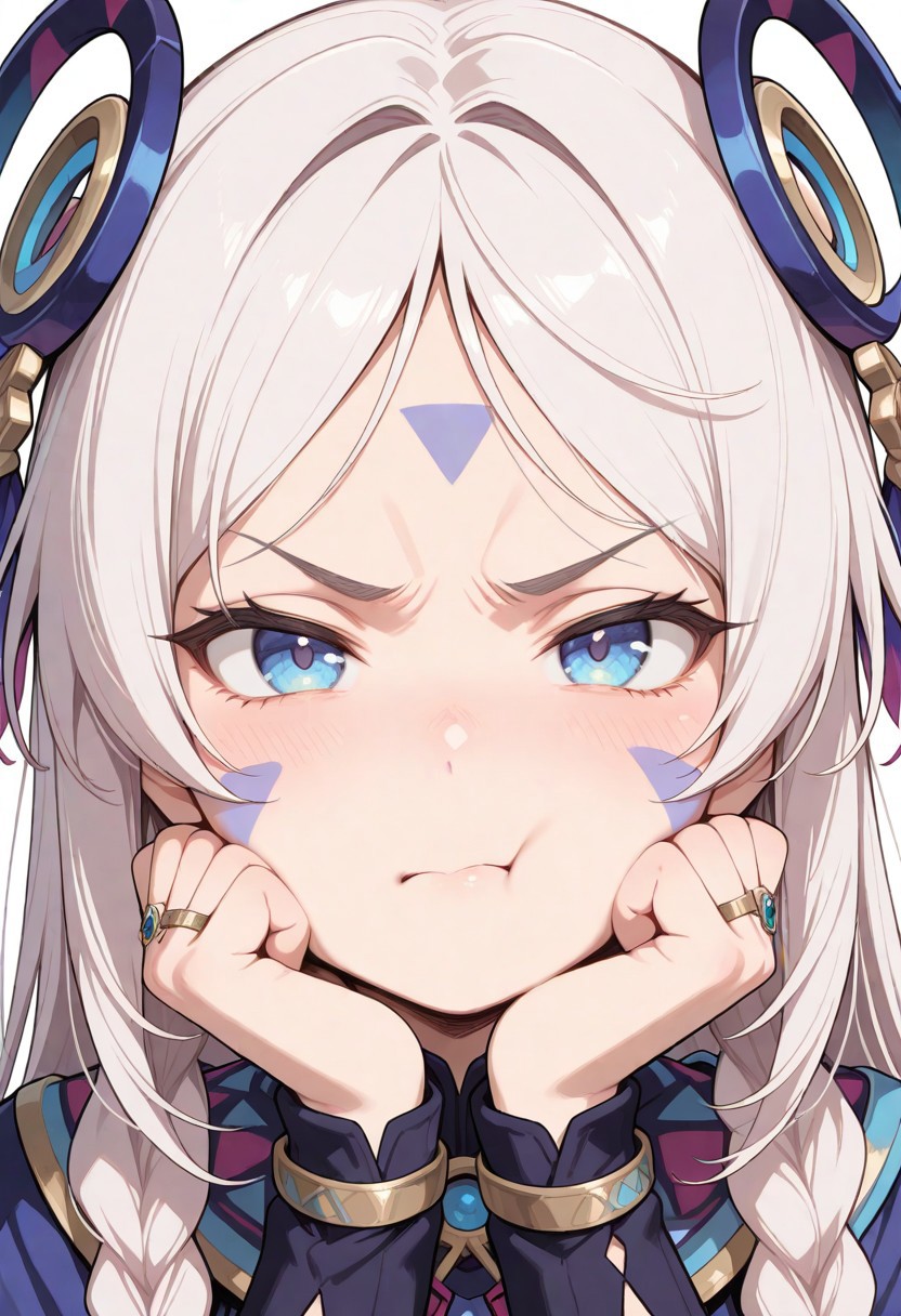 masterpiece, best quality, amazing quality, very aesthetic, flat colors,
1girl, close up portrait, eye focus, long hair,facial mark,blue eyes,twin braids,ring hair ornament, looking at viewer, puffed cheek, annoyed, cute