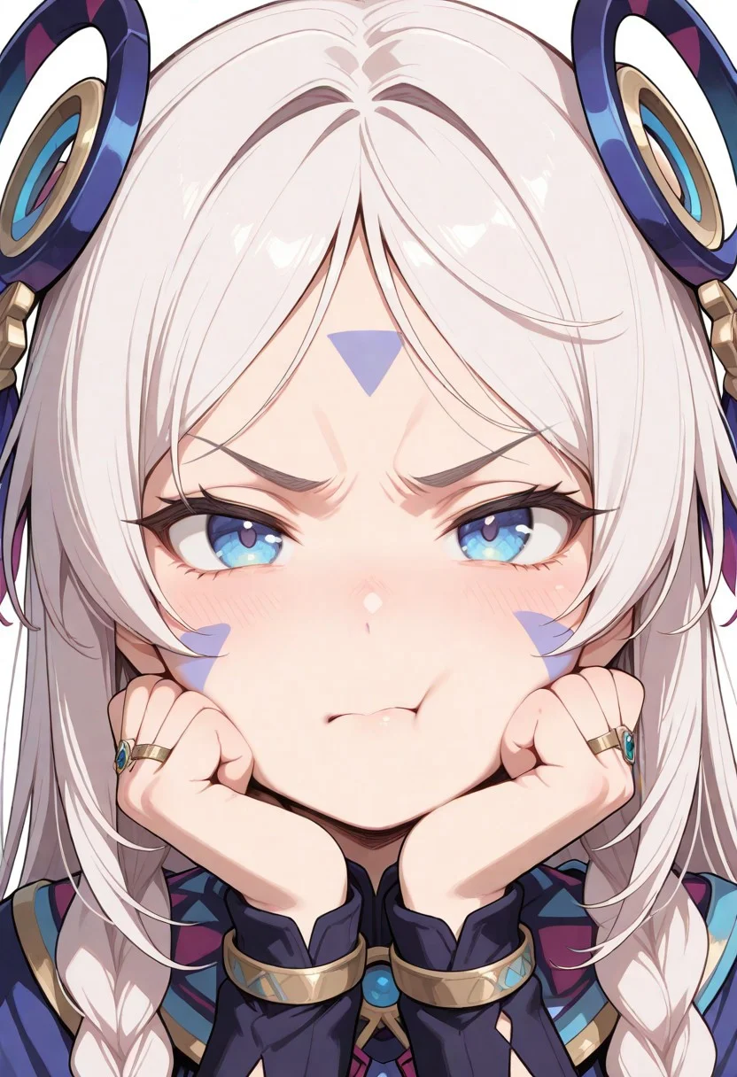 masterpiece, best quality, amazing quality, very aesthetic, flat colors,
1girl, close up portrait, eye focus, long hair,facial mark,blue eyes,twin braids,ring hair ornament, looking at viewer, puffed cheek, annoyed, cute